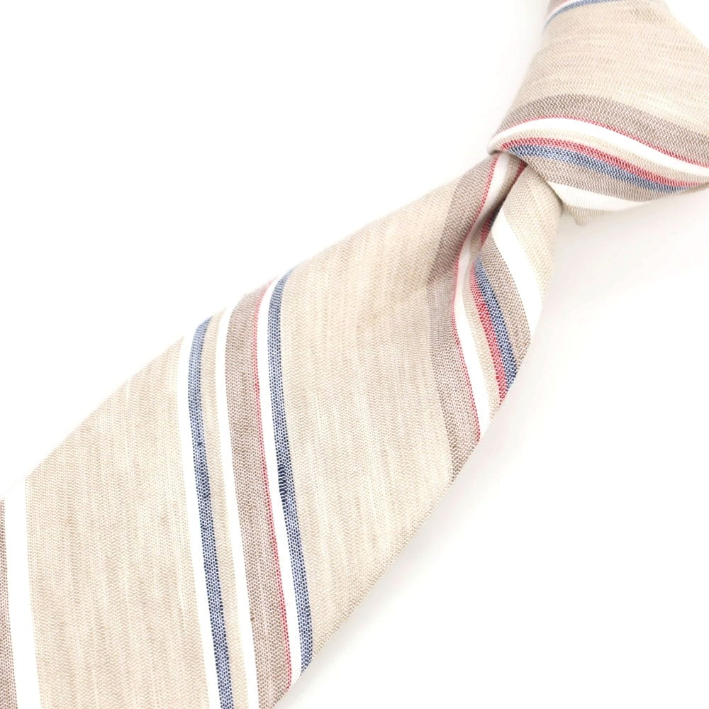 【新品】ブリューワー BREUER シルクリネン ストライプ柄ネクタイ ベージュxレッド【 状態ランクN 】【 メンズ 】