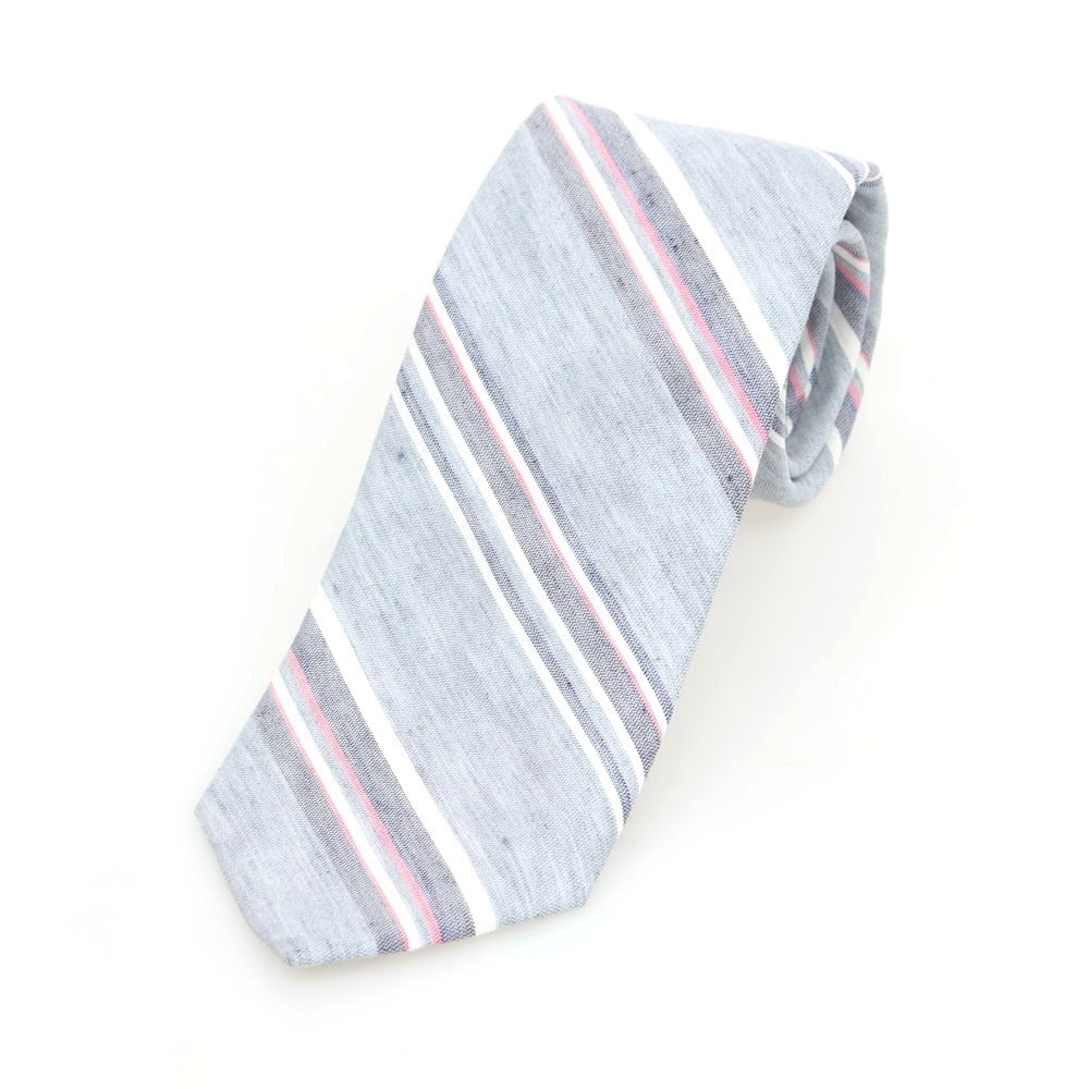 【新品】ブリューワー BREUER シルクリネン ストライプ柄ネクタイ グレーxピンク【 状態ランクN 】【 メンズ 】