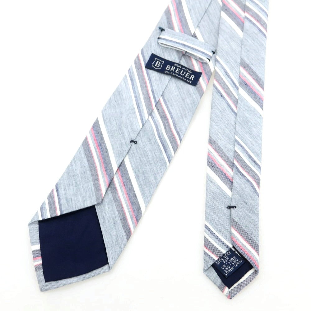 【新品】ブリューワー BREUER シルクリネン ストライプ柄ネクタイ グレーxピンク【 状態ランクN 】【 メンズ 】