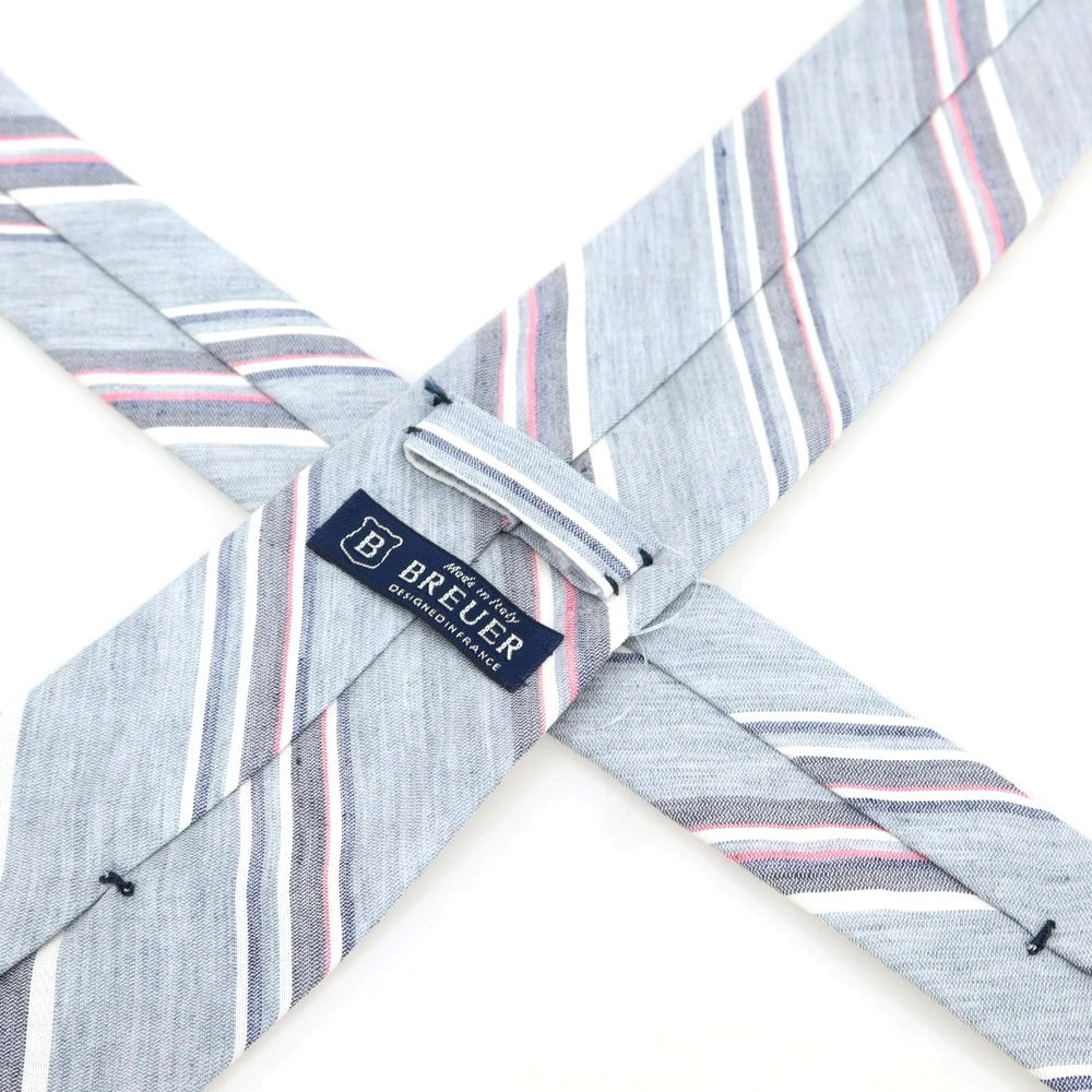 【新品】ブリューワー BREUER シルクリネン ストライプ柄ネクタイ グレーxピンク【 状態ランクN 】【 メンズ 】
