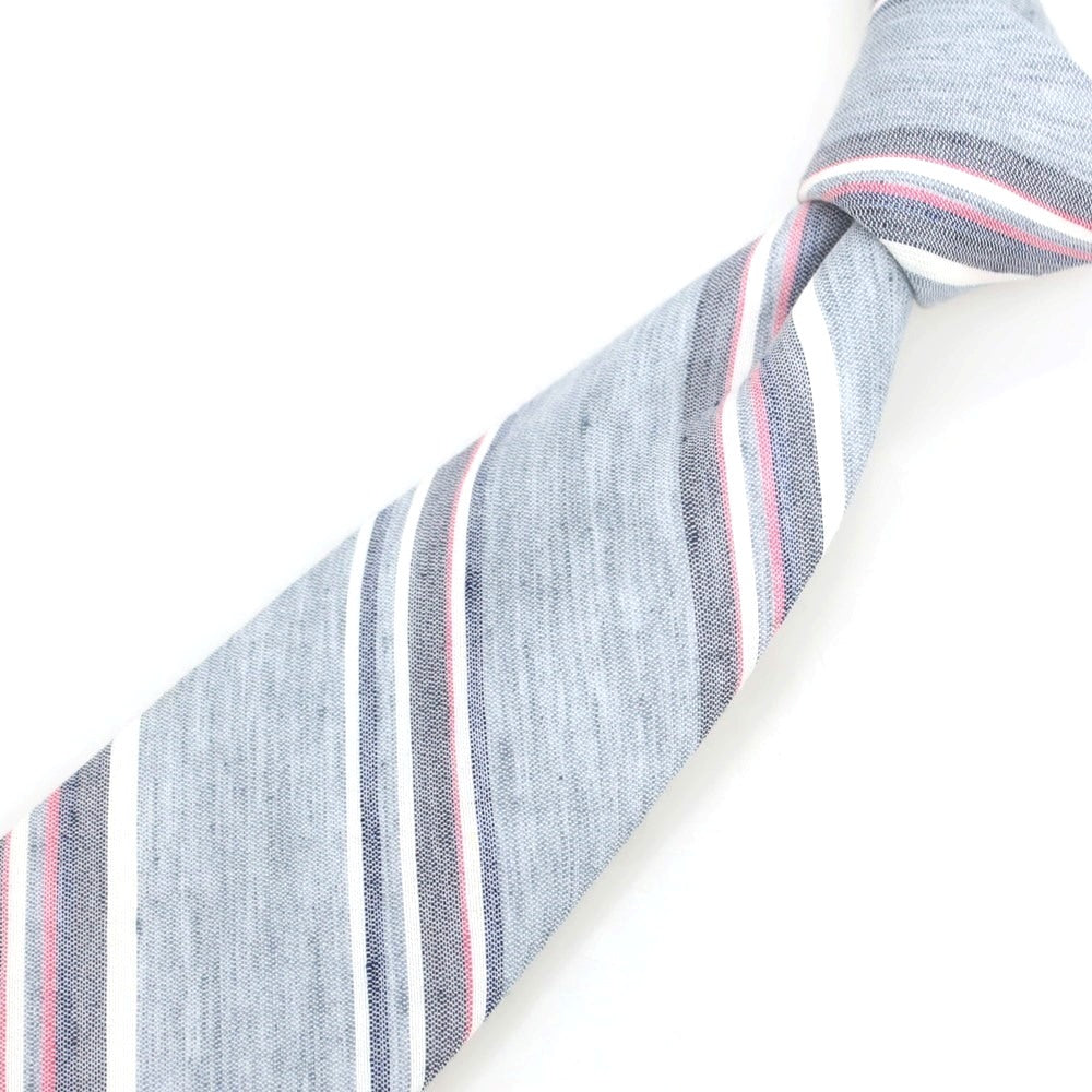 【新品】ブリューワー BREUER シルクリネン ストライプ柄ネクタイ グレーxピンク【 状態ランクN 】【 メンズ 】