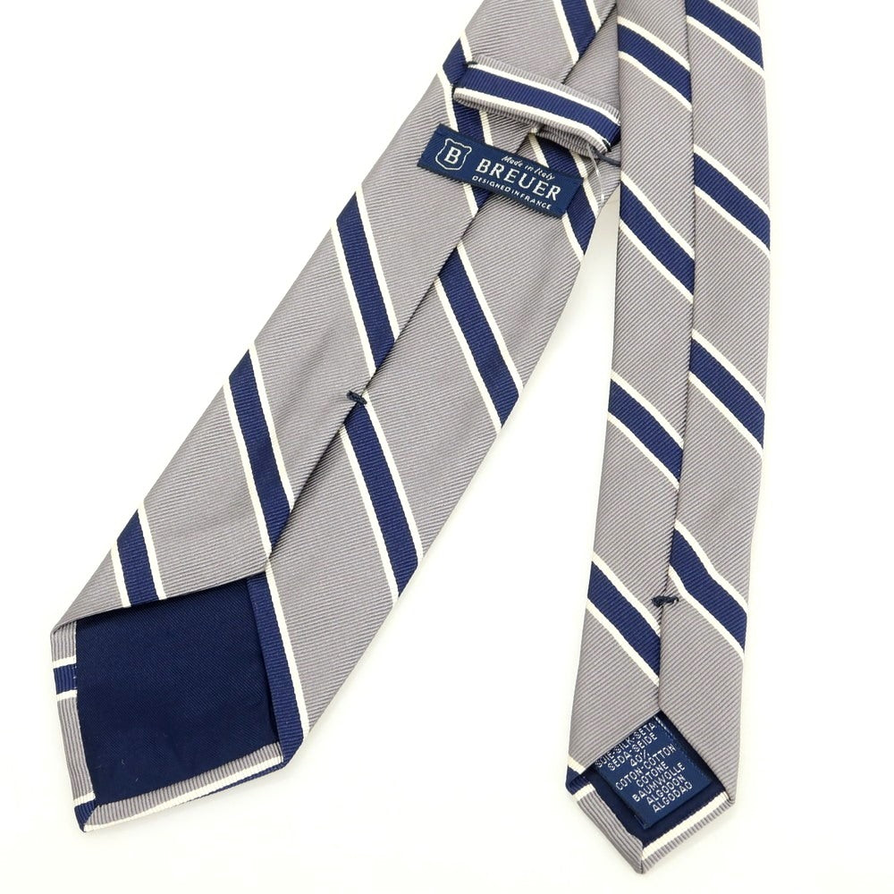 【新品】ブリューワー BREUER シルクコットン ストライプ柄ネクタイ グレーxネイビー【 状態ランクN 】【 メンズ 】