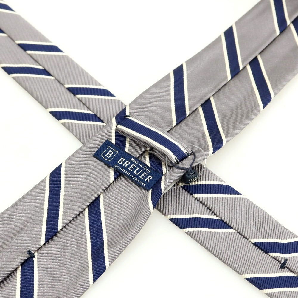 【新品】ブリューワー BREUER シルクコットン ストライプ柄ネクタイ グレーxネイビー【 状態ランクN 】【 メンズ 】
