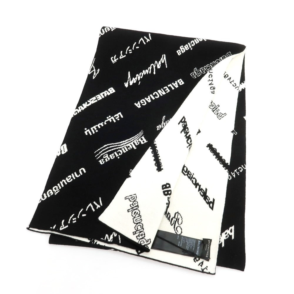 【中古】【未使用】バレンシアガ BALENCIAGA ウールポリエステル ロゴ マフラー ブラック【 状態ランクS 】【 メンズ 】