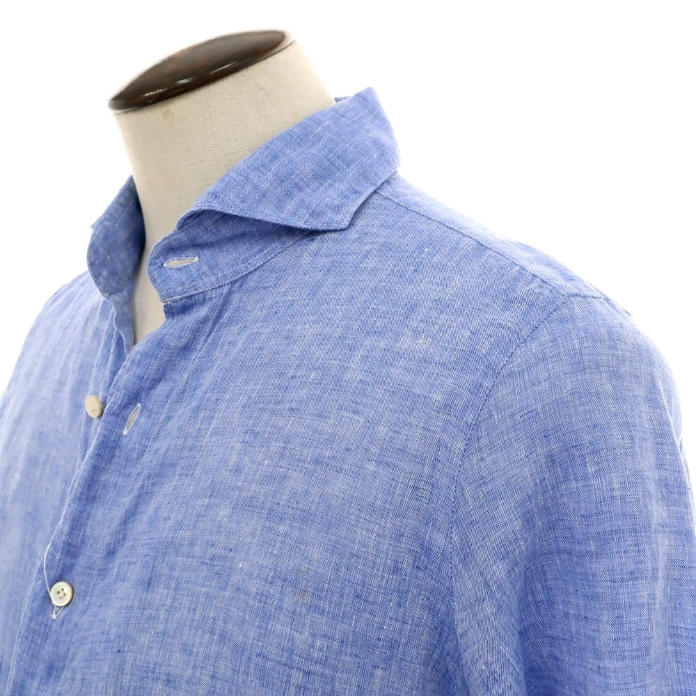 【中古】フィナモレ Finamore リネン ホリゾンタルカラー 半袖シャツ ブルー【 41 】【 状態ランクB 】【 メンズ 】