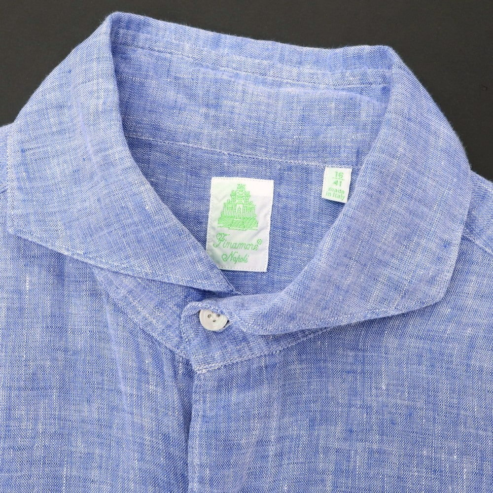 【中古】フィナモレ Finamore リネン ホリゾンタルカラー 半袖シャツ ブルー【 41 】【 状態ランクB 】【 メンズ 】