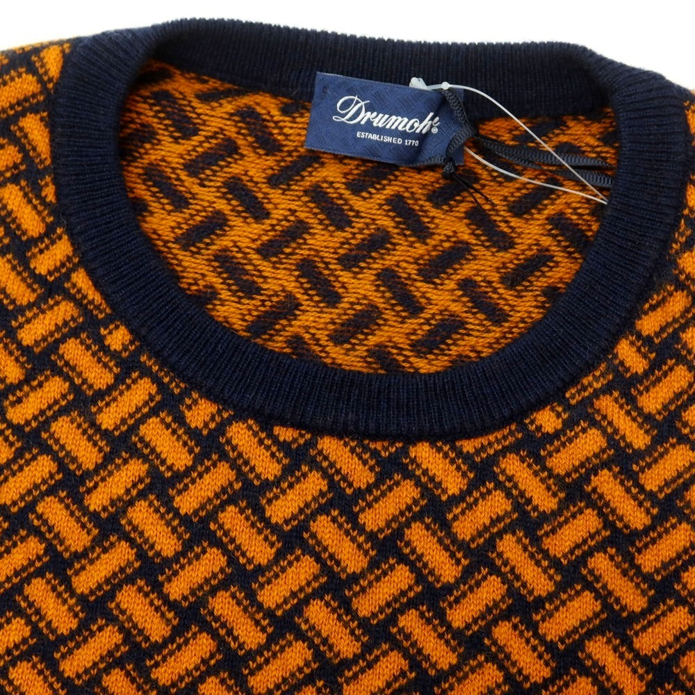【新品】ドルモア DRUMOHR カシミヤ ビスコッティ柄 クルーネック プルオーバーニット ネイビーxオレンジ【 50 】【 状態ランクN 】【 メンズ 】