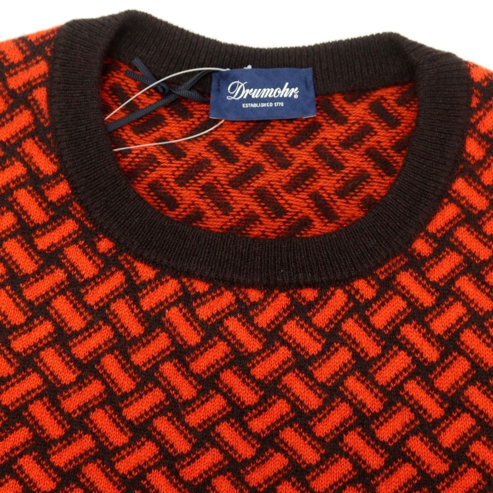 【新品】ドルモア DRUMOHR カシミヤ ビスコッティ柄 クルーネック プルオーバーニット ダークブラウンxオレンジレッド【 48 】【 状態ランクN 】【 メンズ 】