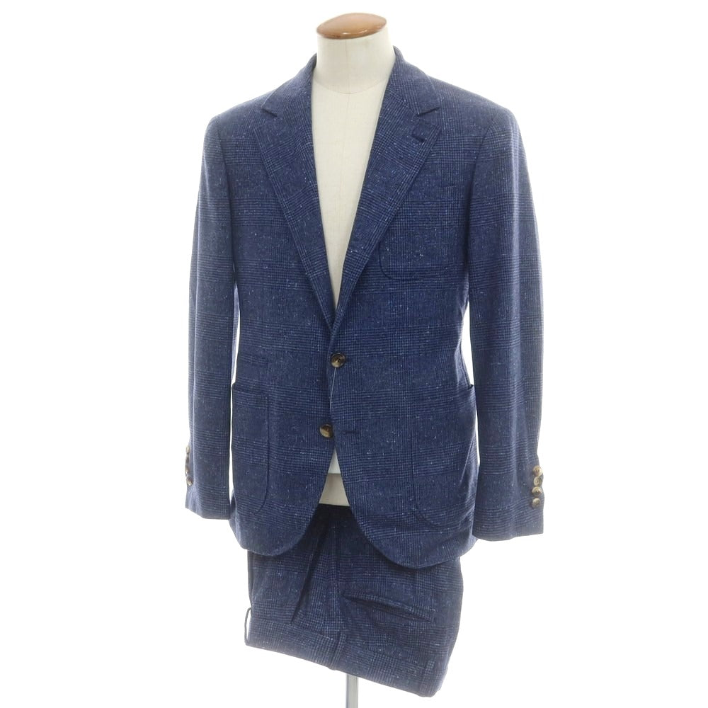 【中古】ブルネロクチネリ Brunello Cucinelli ウールカシミヤ チェック 3つボタンスーツ ネイビーブルー【 上46/下44 】【 状態ランクC 】【 メンズ 】