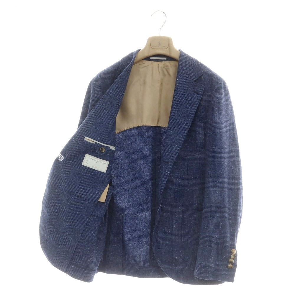【中古】ブルネロクチネリ Brunello Cucinelli ウールカシミヤ チェック 3つボタンスーツ ネイビーブルー【 上46/下44 】【 状態ランクC 】【 メンズ 】