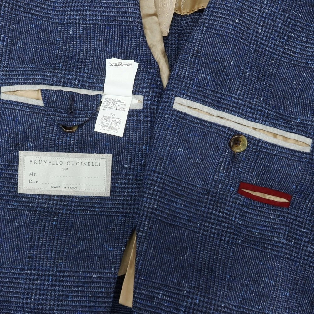 【中古】ブルネロクチネリ Brunello Cucinelli ウールカシミヤ チェック 3つボタンスーツ ネイビーブルー【 上46/下44 】【 状態ランクC 】【 メンズ 】