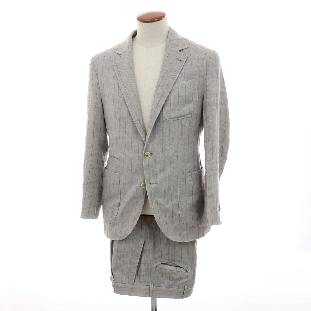 【中古】ブルネロクチネリ Brunello Cucinelli リネン ストライプ 3つボタンスーツ ライトグレーxブラウン【 上46/下44 】【 状態ランクC 】【 メンズ 】
