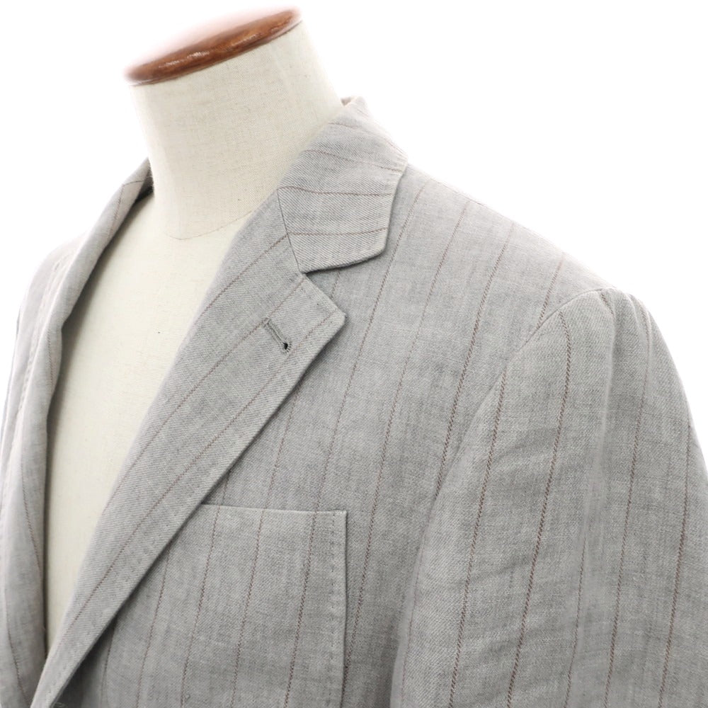 【中古】ブルネロクチネリ Brunello Cucinelli リネン ストライプ 3つボタンスーツ ライトグレーxブラウン【 上46/下44 】【 状態ランクC 】【 メンズ 】