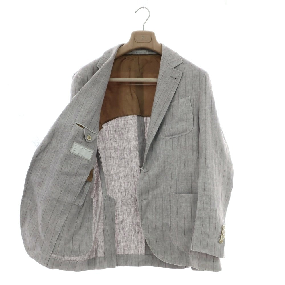 【中古】ブルネロクチネリ Brunello Cucinelli リネン ストライプ 3つボタンスーツ ライトグレーxブラウン【 上46/下44 】【 状態ランクC 】【 メンズ 】