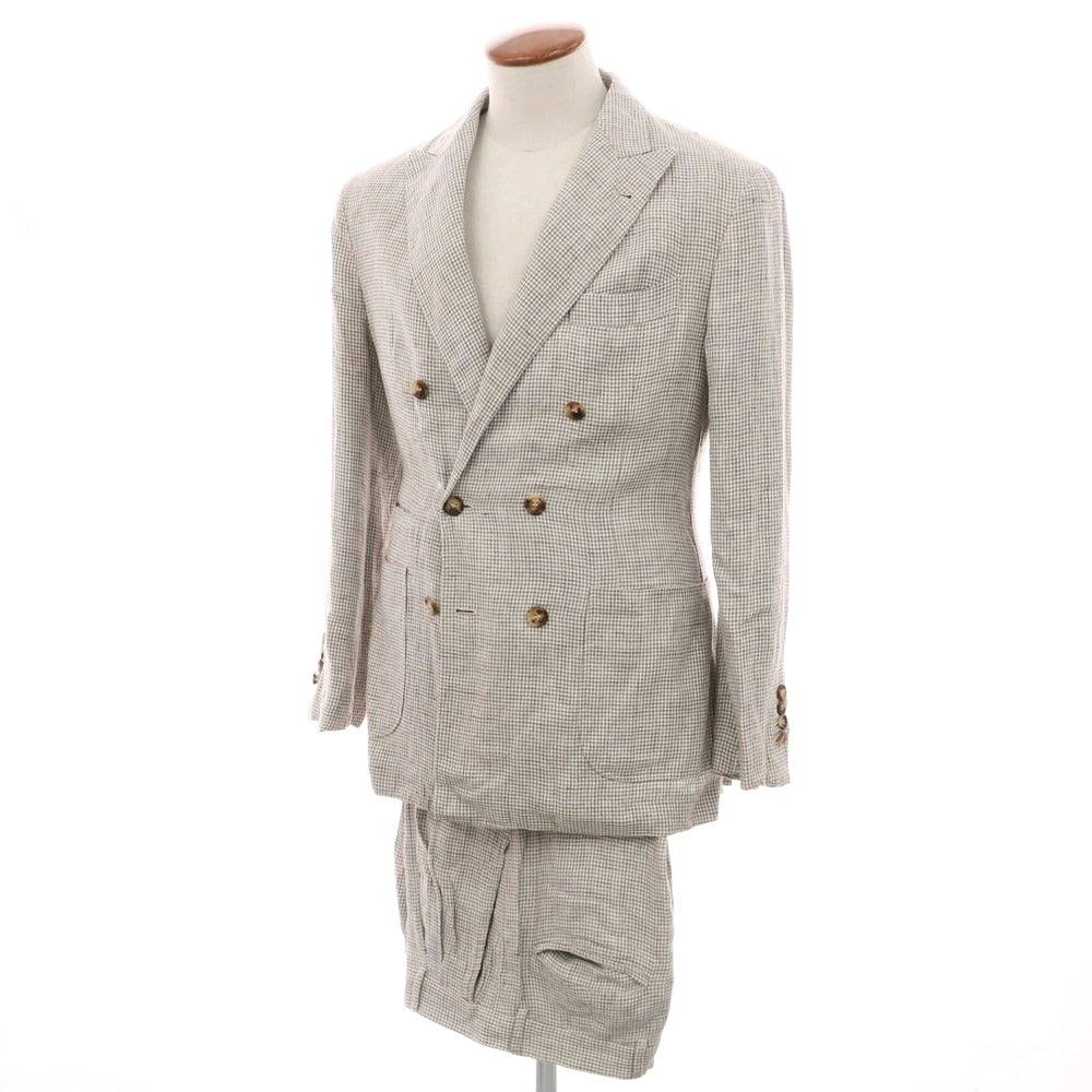 【中古】ブルネロクチネリ Brunello Cucinelli リネン ハウンドトゥース柄 ダブルスーツ グレージュxホワイト【 46 】【 状態ランクC 】【 メンズ 】