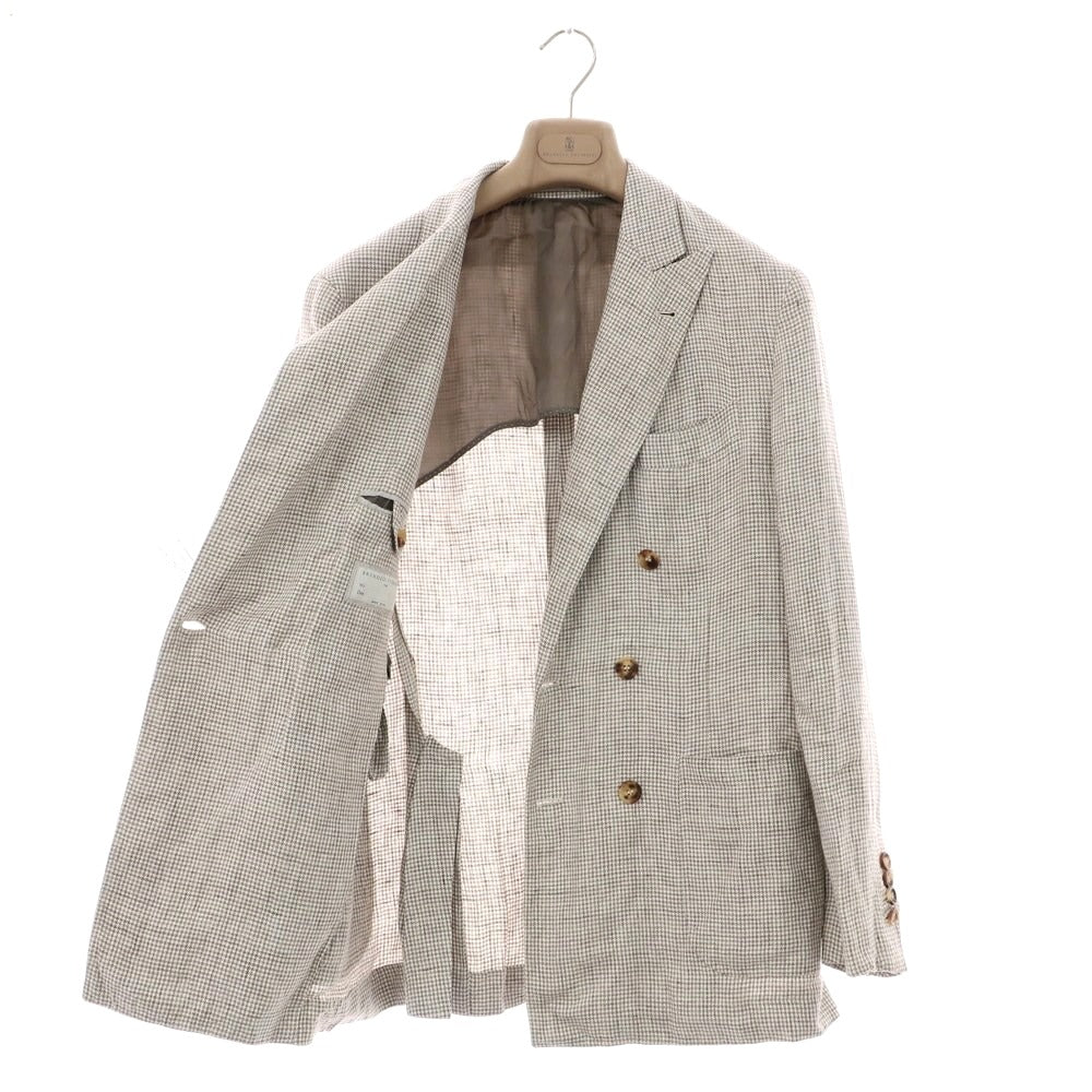 【中古】ブルネロクチネリ Brunello Cucinelli リネン ハウンドトゥース柄 ダブルスーツ グレージュxホワイト【 46 】【 状態ランクC 】【 メンズ 】
