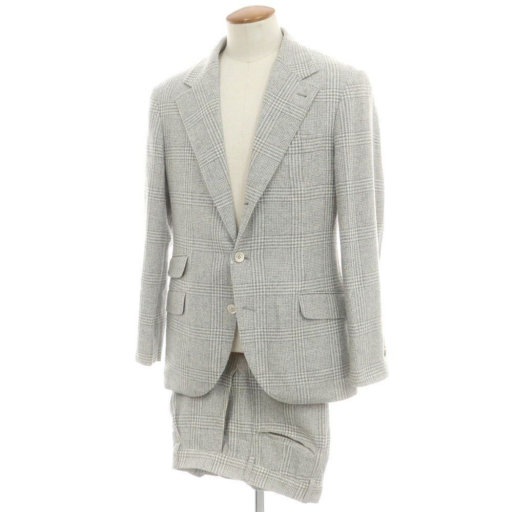 【中古】ブルネロクチネリ Brunello Cucinelli ウールシルクカシミヤ チェック 3つボタンスーツ ライトグレーxホワイト【 48 】【 状態ランクC 】【 メンズ 】