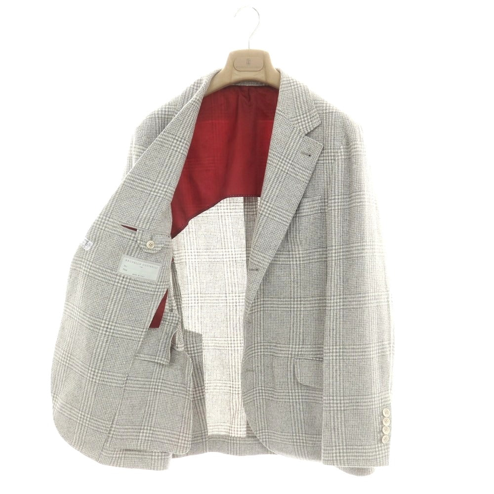 【中古】ブルネロクチネリ Brunello Cucinelli ウールシルクカシミヤ チェック 3つボタンスーツ ライトグレーxホワイト【 48 】【 状態ランクC 】【 メンズ 】