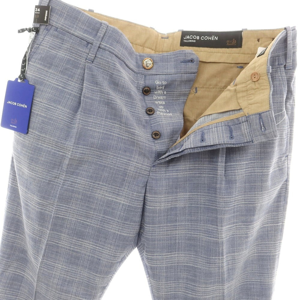 【新品】ヤコブコーエン JACOB COHEN HENRY ストレッチ ウールコットン チェック カジュアルスラックスパンツ ライトネイビーxホワイト【 34 】【 状態ランクN 】【 メンズ 】