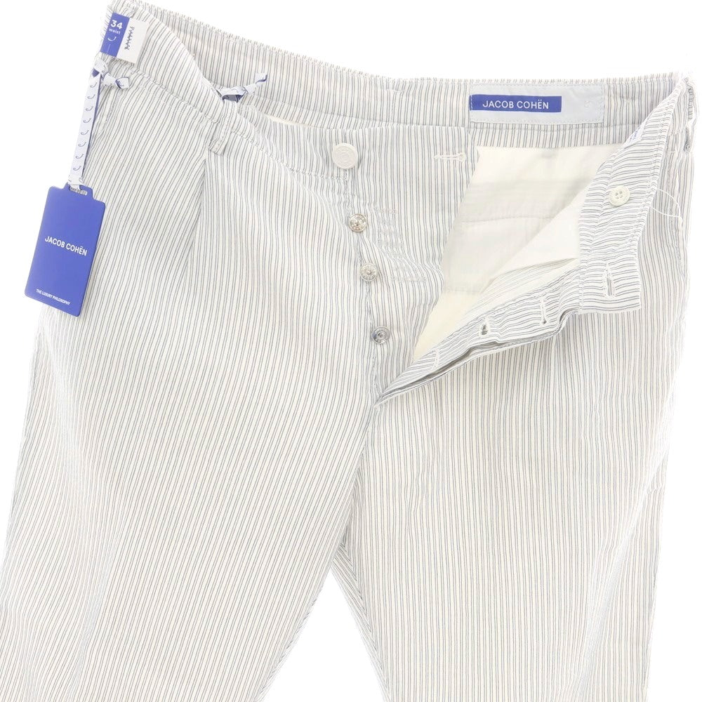 【新品アウトレット】ヤコブコーエン JACOB COHEN HENRY コットンリネンポリエステル ストライプ カジュアルスラックスパンツ ホワイトxネイビー【 34 】【 状態ランクN- 】【 メンズ 】