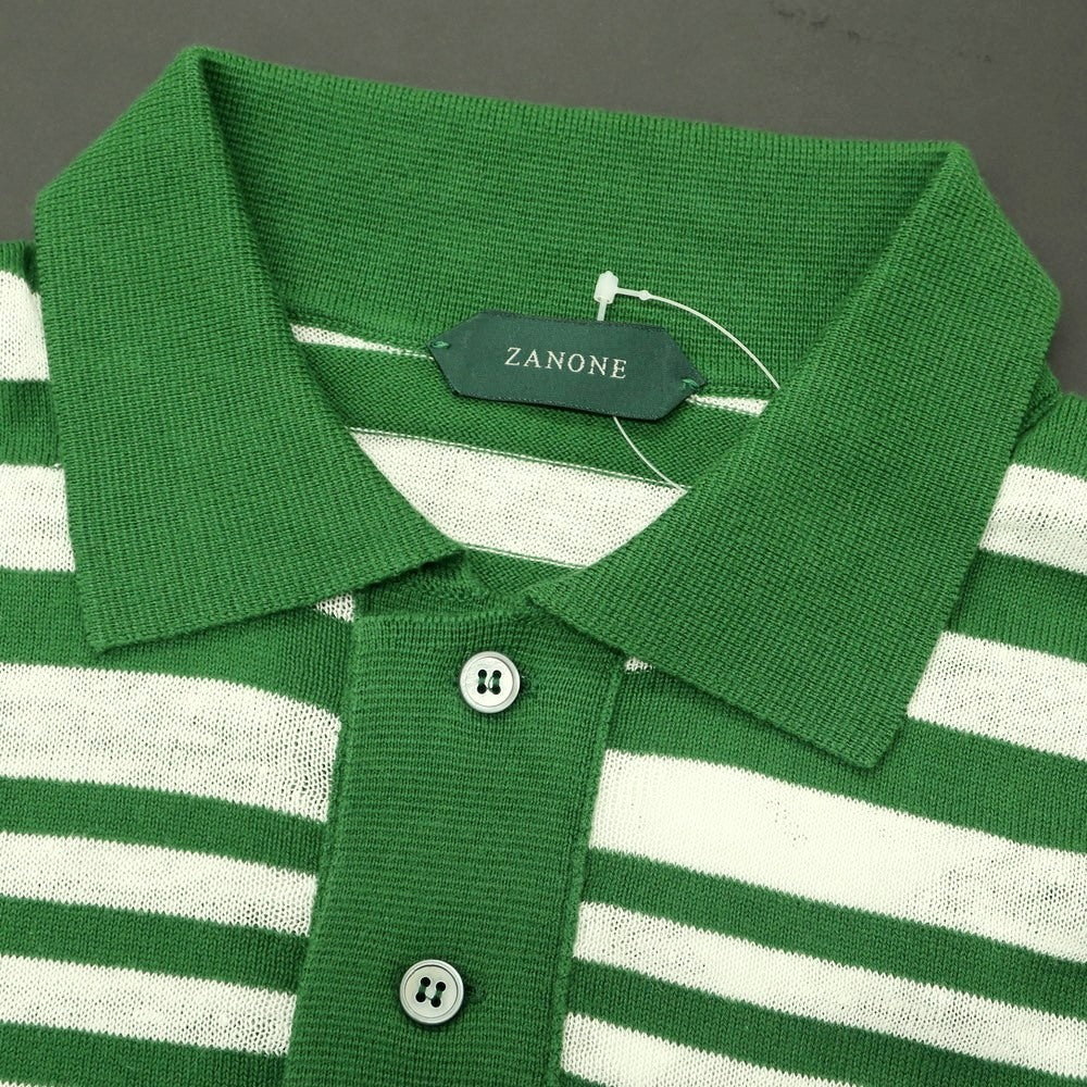 【新品】ザノーネ ZANONE ハイゲージ コットンリネン ボーダー 半袖 ポロニット グリーン系xホワイト【 48 】【 状態ランクN 】【 メンズ 】