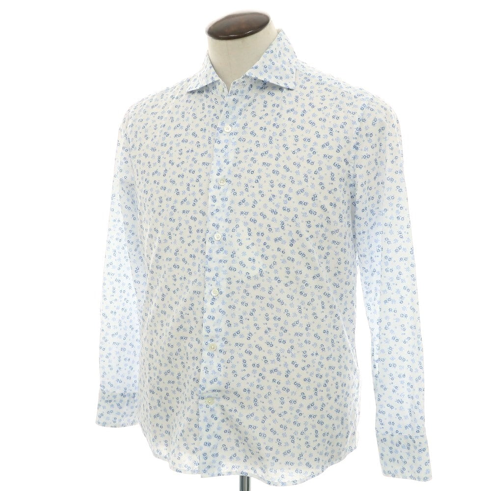 【中古】バーニーズニューヨーク BARNEYS NEWYORK コットン 小花柄 ワイドカラー カジュアルシャツ ホワイトxブルー【 L 】【 状態ランクC 】【 メンズ 】
