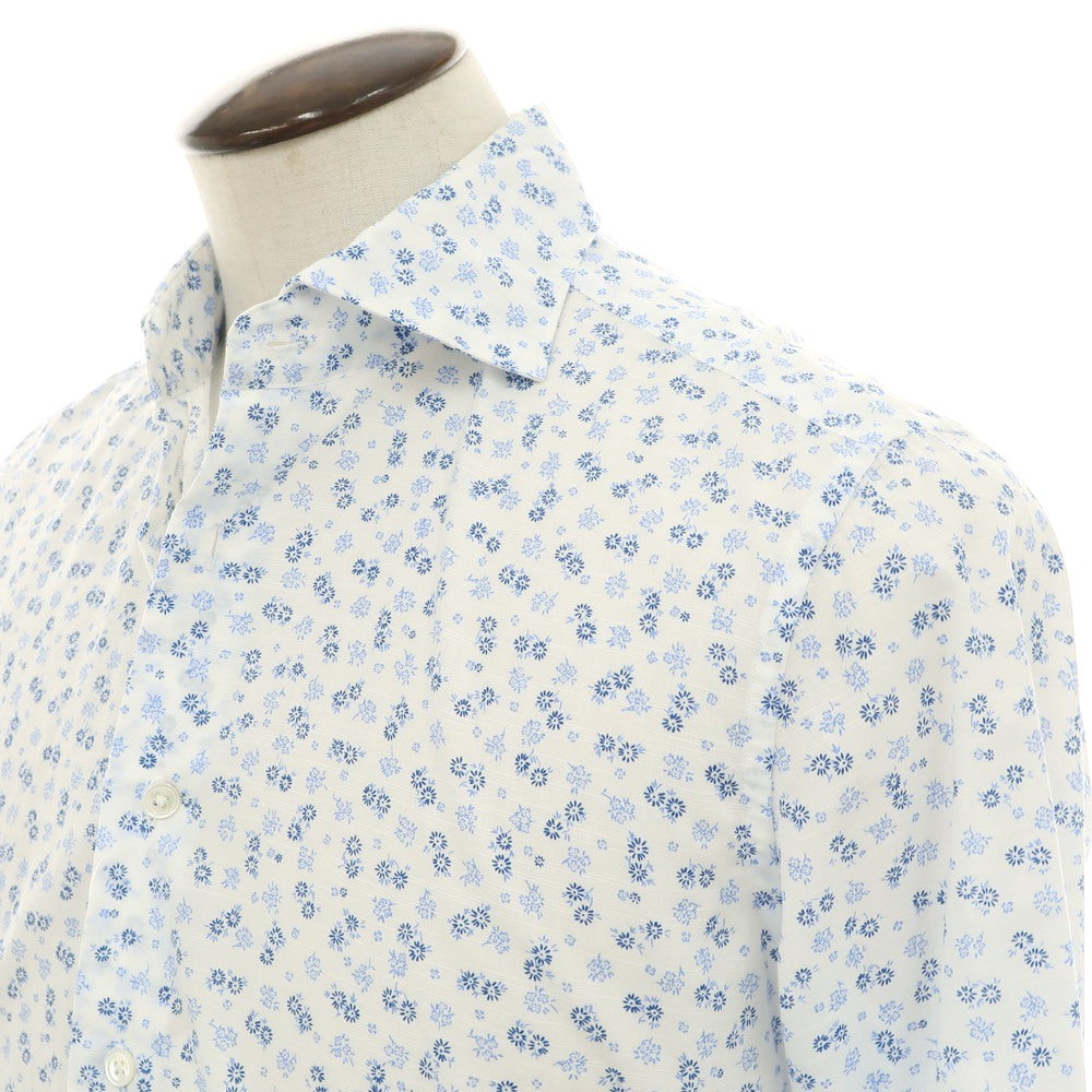 【中古】バーニーズニューヨーク BARNEYS NEWYORK コットン 小花柄 ワイドカラー カジュアルシャツ ホワイトxブルー【 L 】【 状態ランクC 】【 メンズ 】