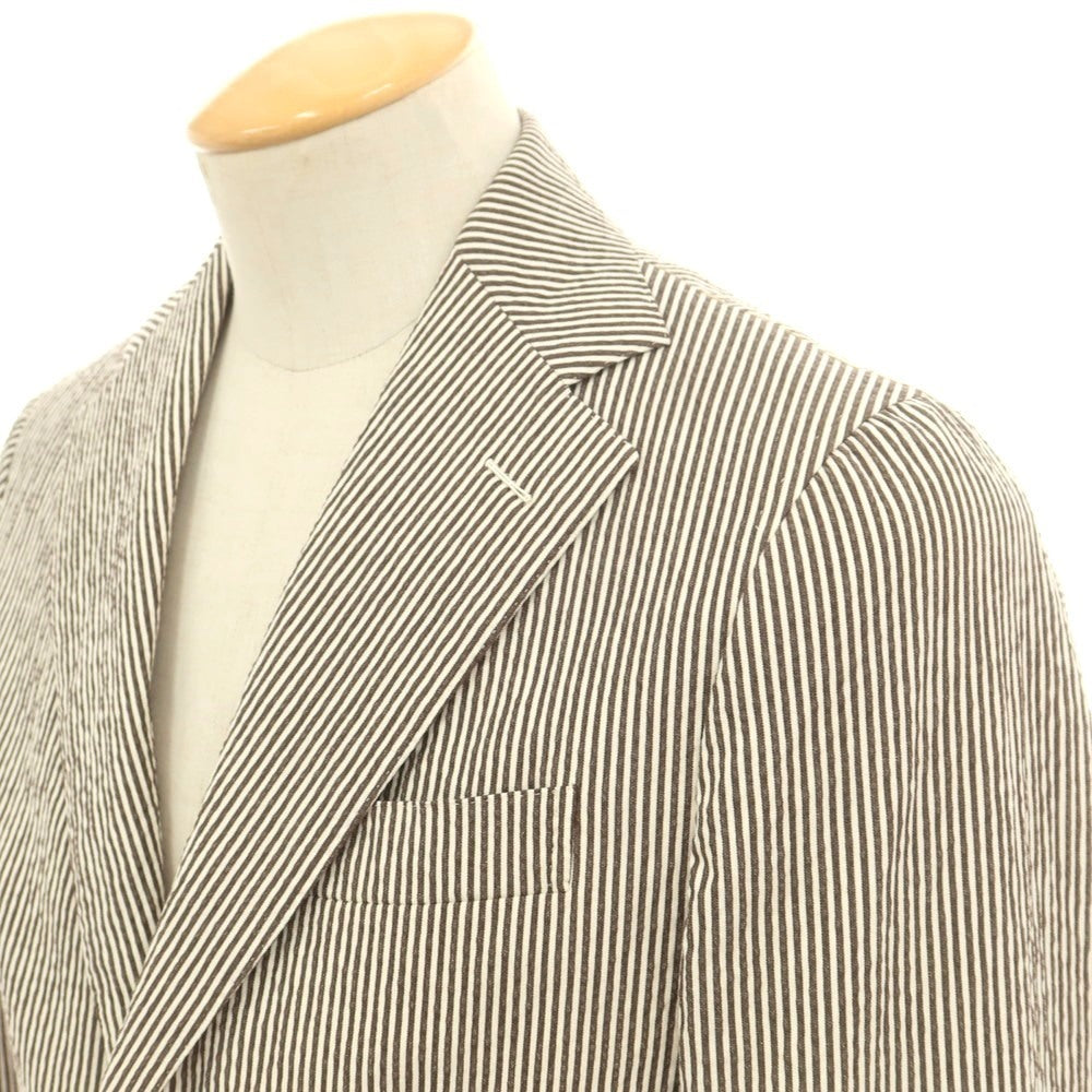 【新品】ジャン フランコ ボメザドリ Gian Franco Bommezzadri ストライプ ストレッチコットン サッカー 3B カジュアルジャケット ブラウンxホワイト【 44 Drop7 】【 状態ランクN 】【 メンズ 】