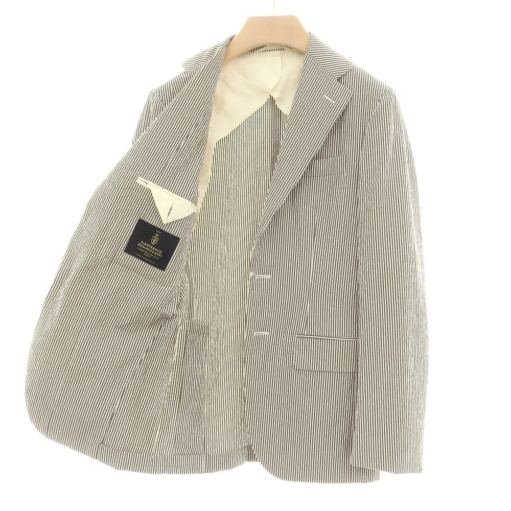 【新品】ジャン フランコ ボメザドリ Gian Franco Bommezzadri ストライプ ストレッチコットン サッカー 3B カジュアルジャケット ブラウンxホワイト【 44 Drop7 】【 状態ランクN 】【 メンズ 】