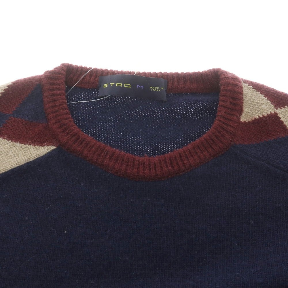 【中古】エトロ ETRO ウールカシミヤ クルーネック プルオーバーニット ネイビーxワインレッド【 M 】【 状態ランクC 】【 メンズ 】