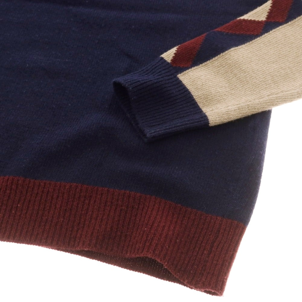 【中古】エトロ ETRO ウールカシミヤ クルーネック プルオーバーニット ネイビーxワインレッド【 M 】【 状態ランクC 】【 メンズ 】