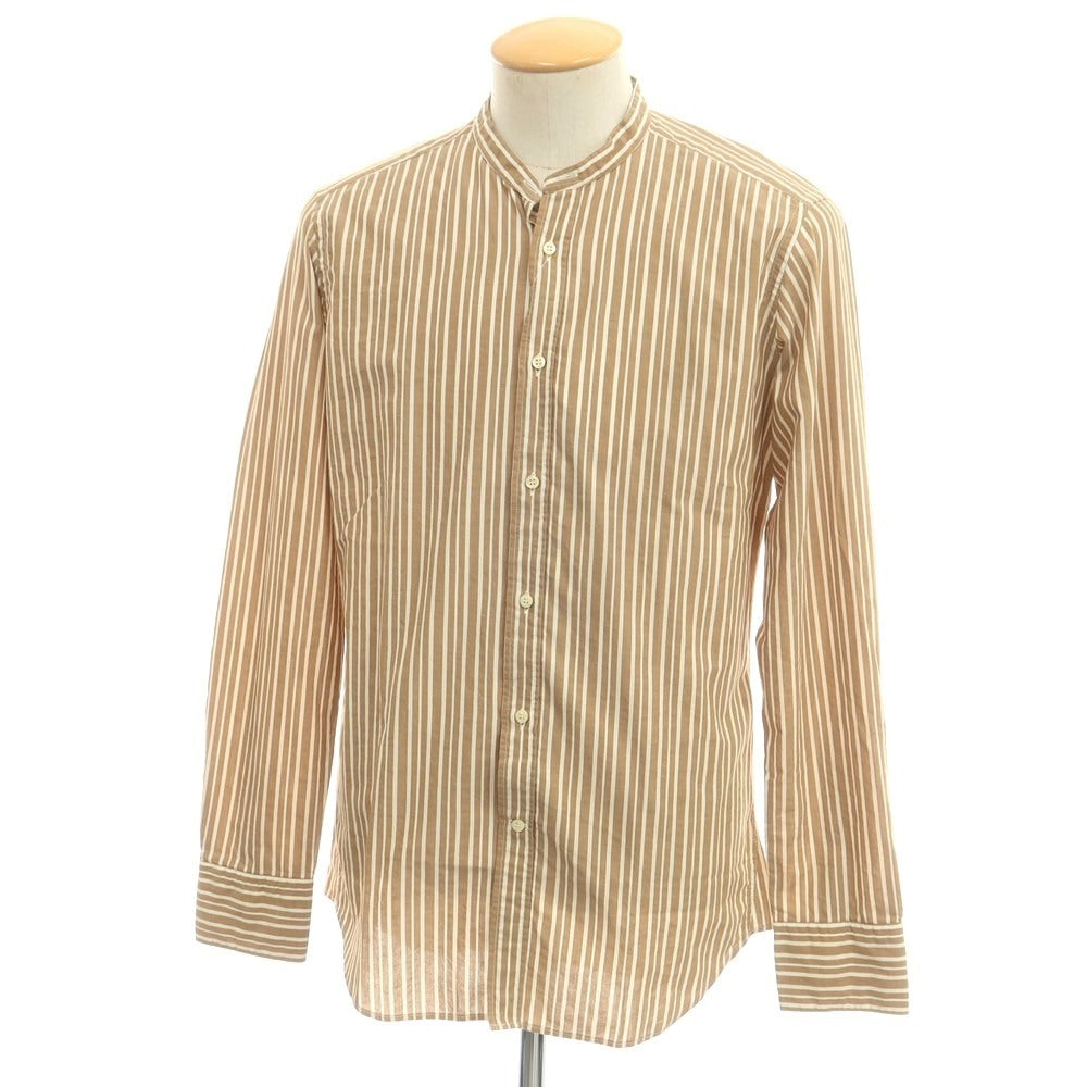 【中古】【未使用】ベヴィラクア BEVILACQUA コットン ストライプ バンドカラー カジュアルシャツ ブラウンxホワイト【 S 】【 状態ランクS 】【 メンズ 】