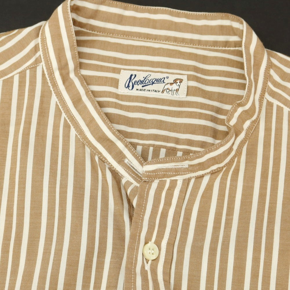 【中古】【未使用】ベヴィラクア BEVILACQUA コットン ストライプ バンドカラー カジュアルシャツ ブラウンxホワイト【 S 】【 状態ランクS 】【 メンズ 】