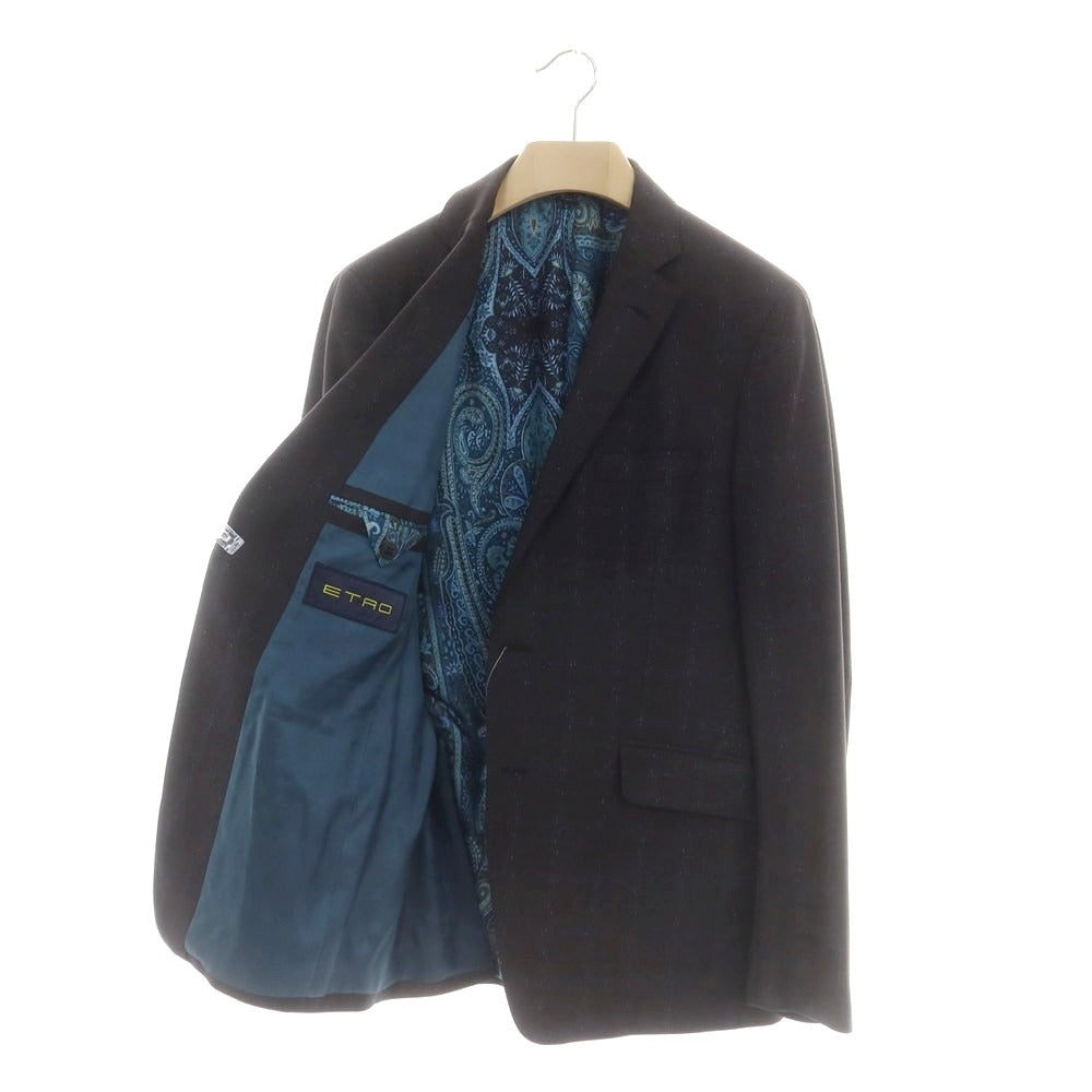 【中古】エトロ ETRO ウールカシミヤ チェック 2つボタンスーツ チャコールグレー系xブルー【 50 】【 状態ランクB 】【 メンズ 】