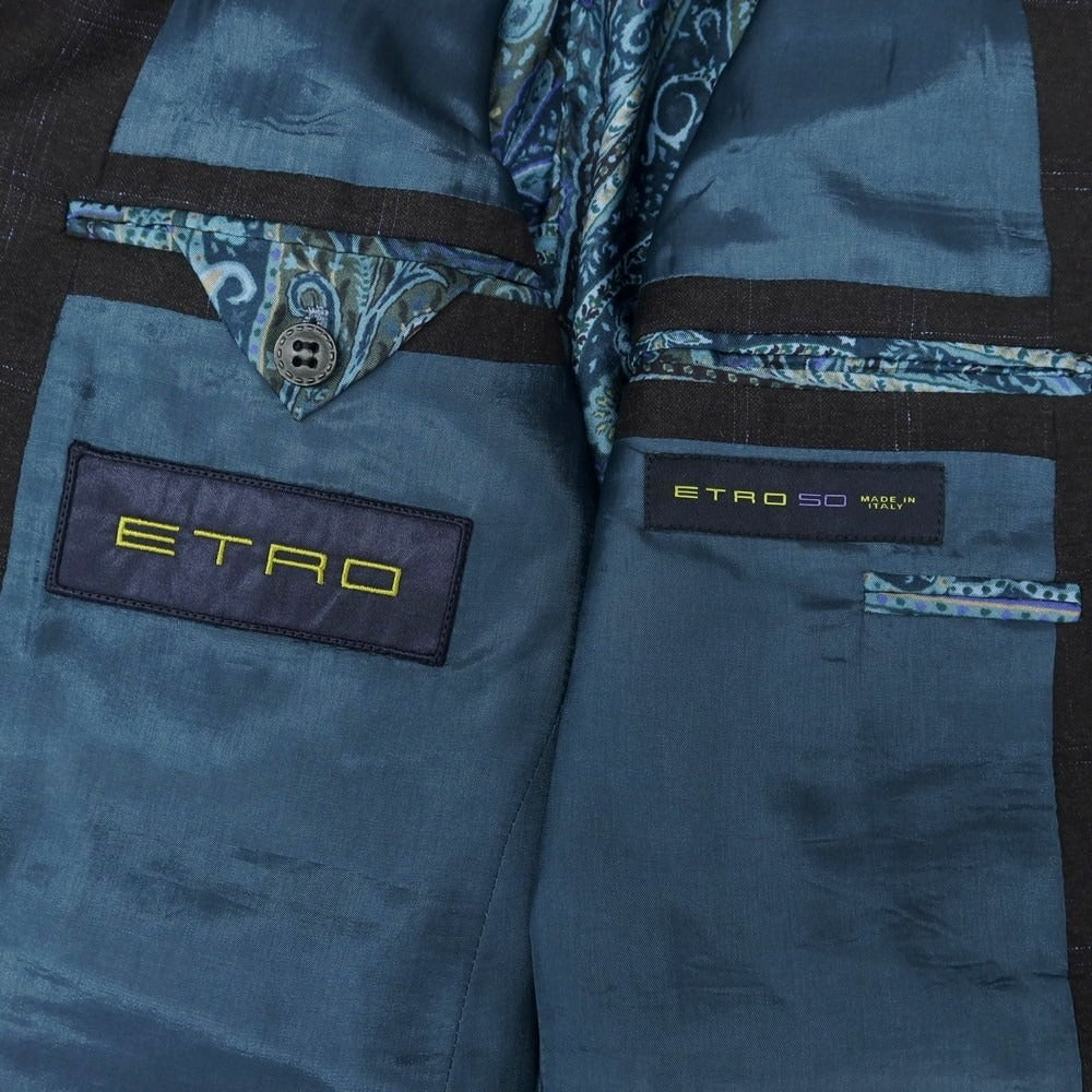 【中古】エトロ ETRO ウールカシミヤ チェック 2つボタンスーツ チャコールグレー系xブルー【 50 】【 状態ランクB 】【 メンズ 】