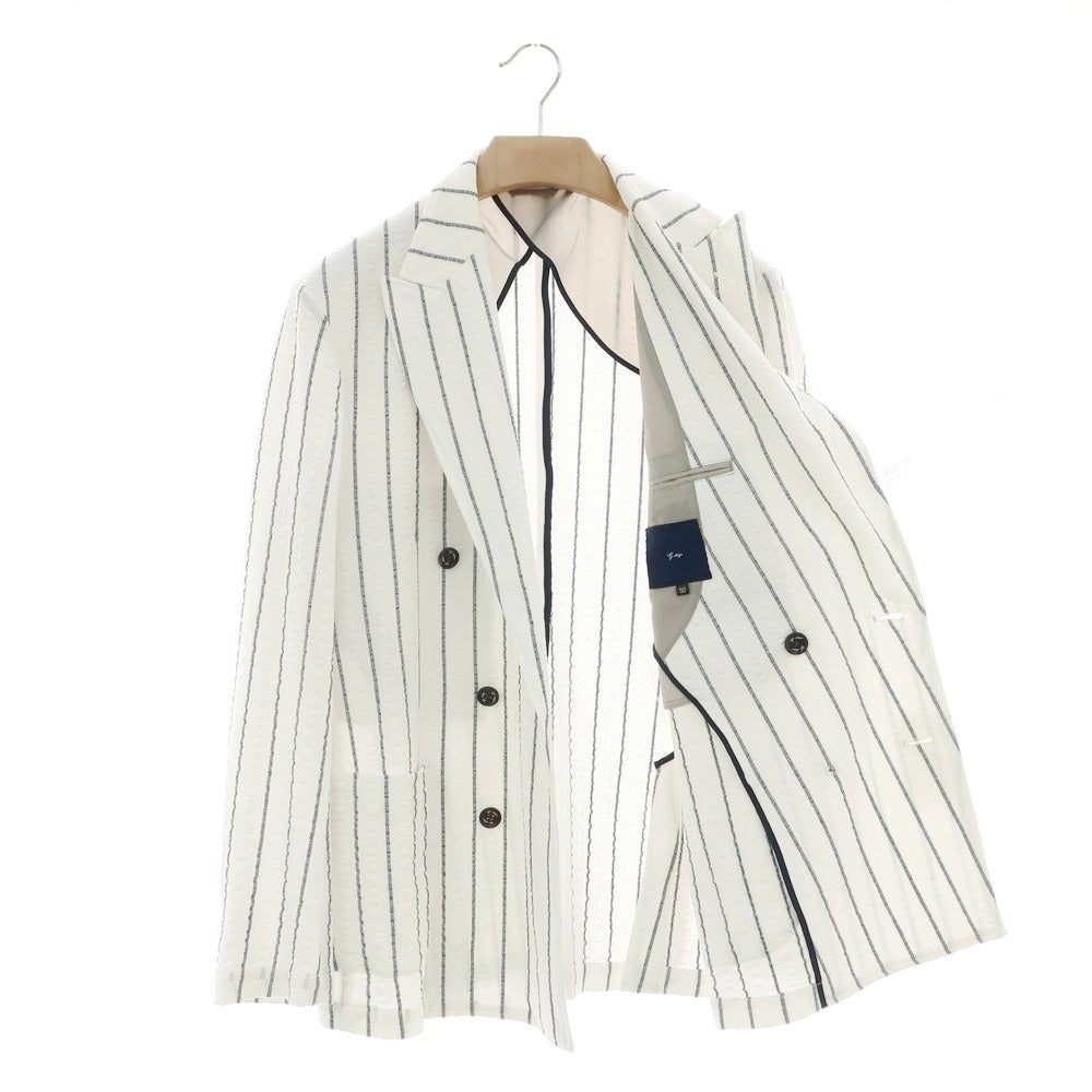 【中古】ジーステージ g-stage コットンポリエステルジャージー ストライプ ダブルジャケット ホワイトxネイビー【 50 】【 状態ランクC 】【 メンズ 】