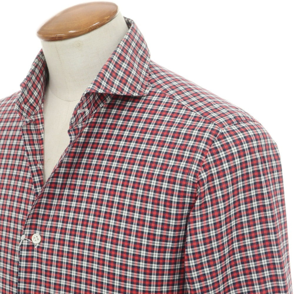【中古】ジャンネット giannetto コットン チェック ホリゾンタルカラー カジュアルシャツ レッドxネイビー【 40 】【 状態ランクC 】【 メンズ 】