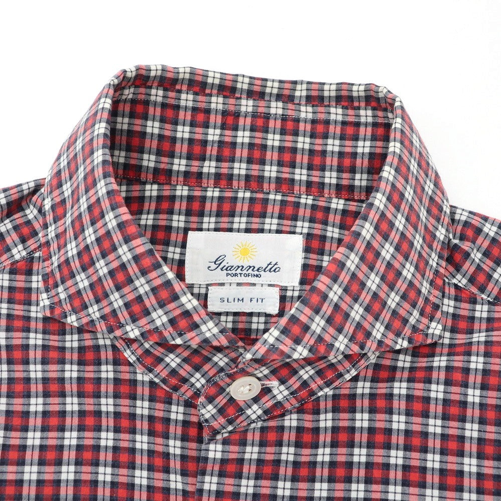 【中古】ジャンネット giannetto コットン チェック ホリゾンタルカラー カジュアルシャツ レッドxネイビー【 40 】【 状態ランクC 】【 メンズ 】