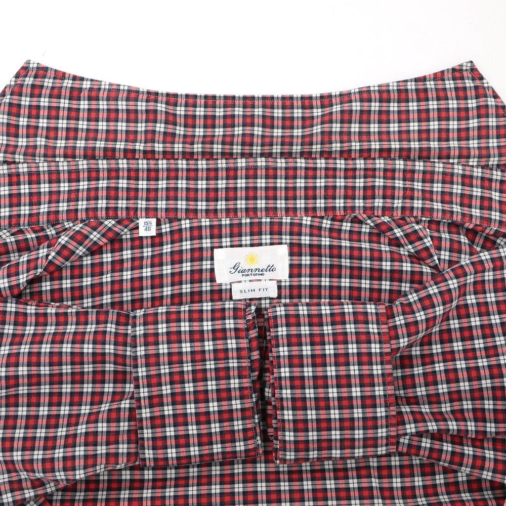 【中古】ジャンネット giannetto コットン チェック ホリゾンタルカラー カジュアルシャツ レッドxネイビー【 40 】【 状態ランクC 】【 メンズ 】
