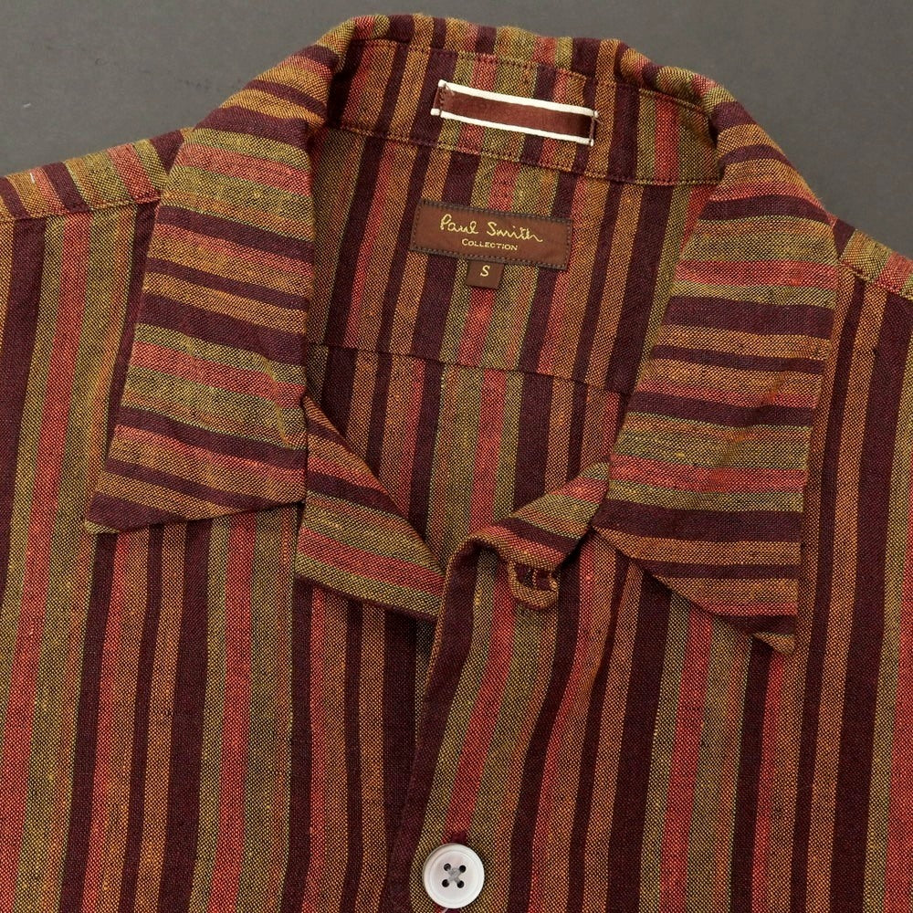 【中古】ポールスミスコレクション PAUL SMITH COLLECTION リネン ストライプ オープンカラー 半袖シャツ ブラウン系xパープル【 S 】【 状態ランクB 】【 メンズ 】