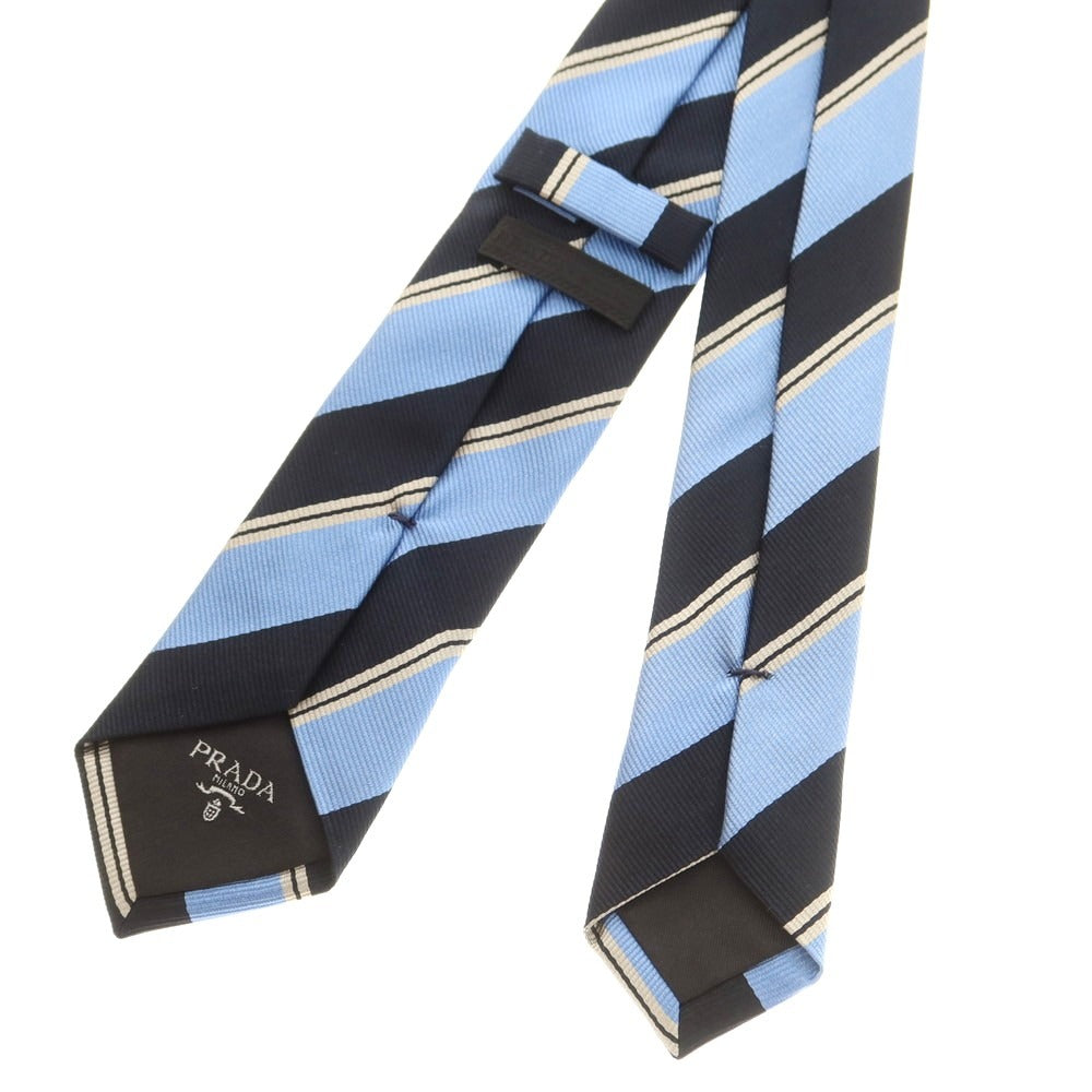 【中古】プラダ PRADA シルク ストライプ柄ネクタイ ライトブルーxブラック【 状態ランクB 】【 メンズ 】