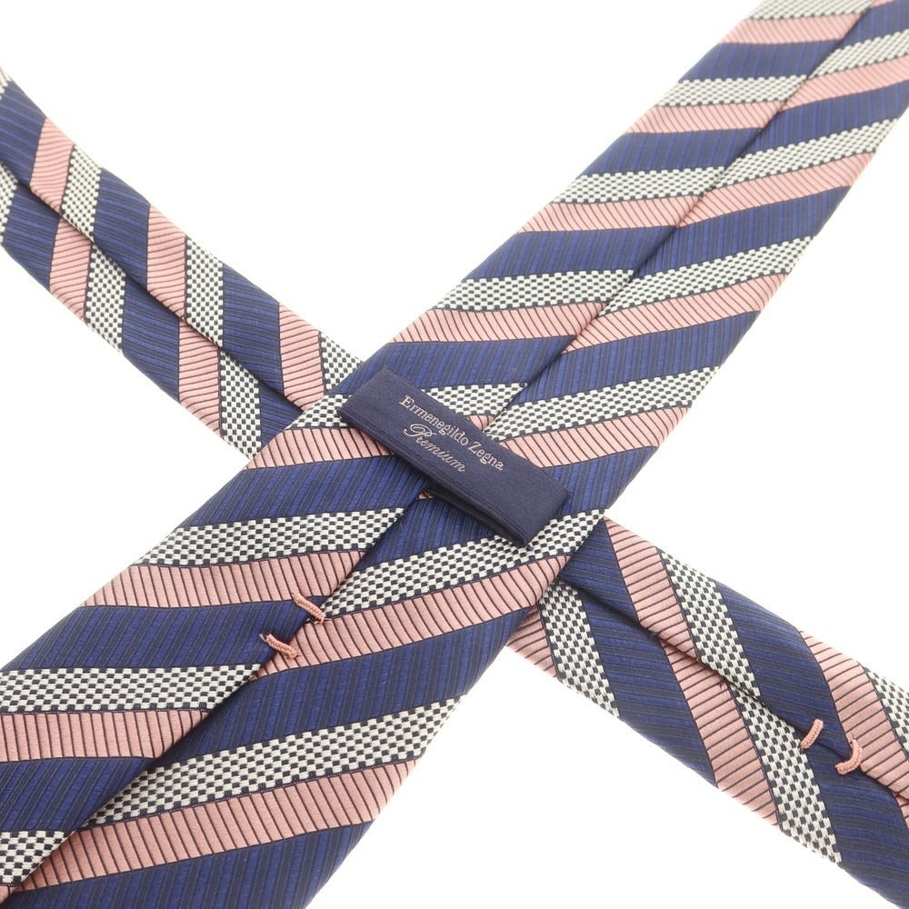 【中古】エルメネジルドゼニア Ermenegildo Zegna シルク ストライプ柄ネクタイ ネイビーxピンク【 状態ランクA 】【 メンズ 】
