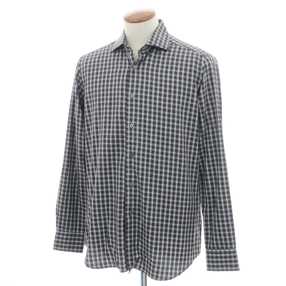 【新品】バグッタ Bagutta コットン チェック ワイドカラー カジュアルシャツ ブラウンxブルー【 40 】【 状態ランクN 】【 メンズ 】