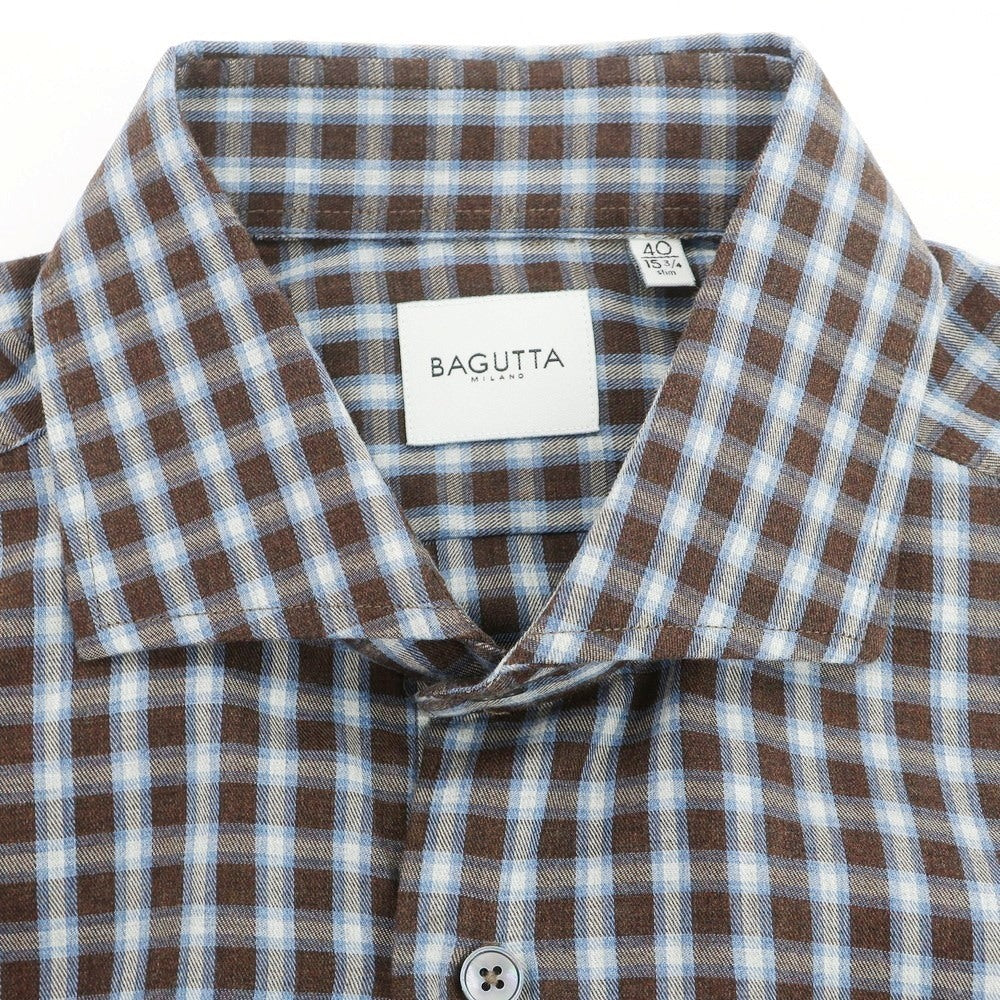 【新品】バグッタ Bagutta コットン チェック ワイドカラー カジュアルシャツ ブラウンxブルー【 40 】【 状態ランクN 】【 メンズ 】
