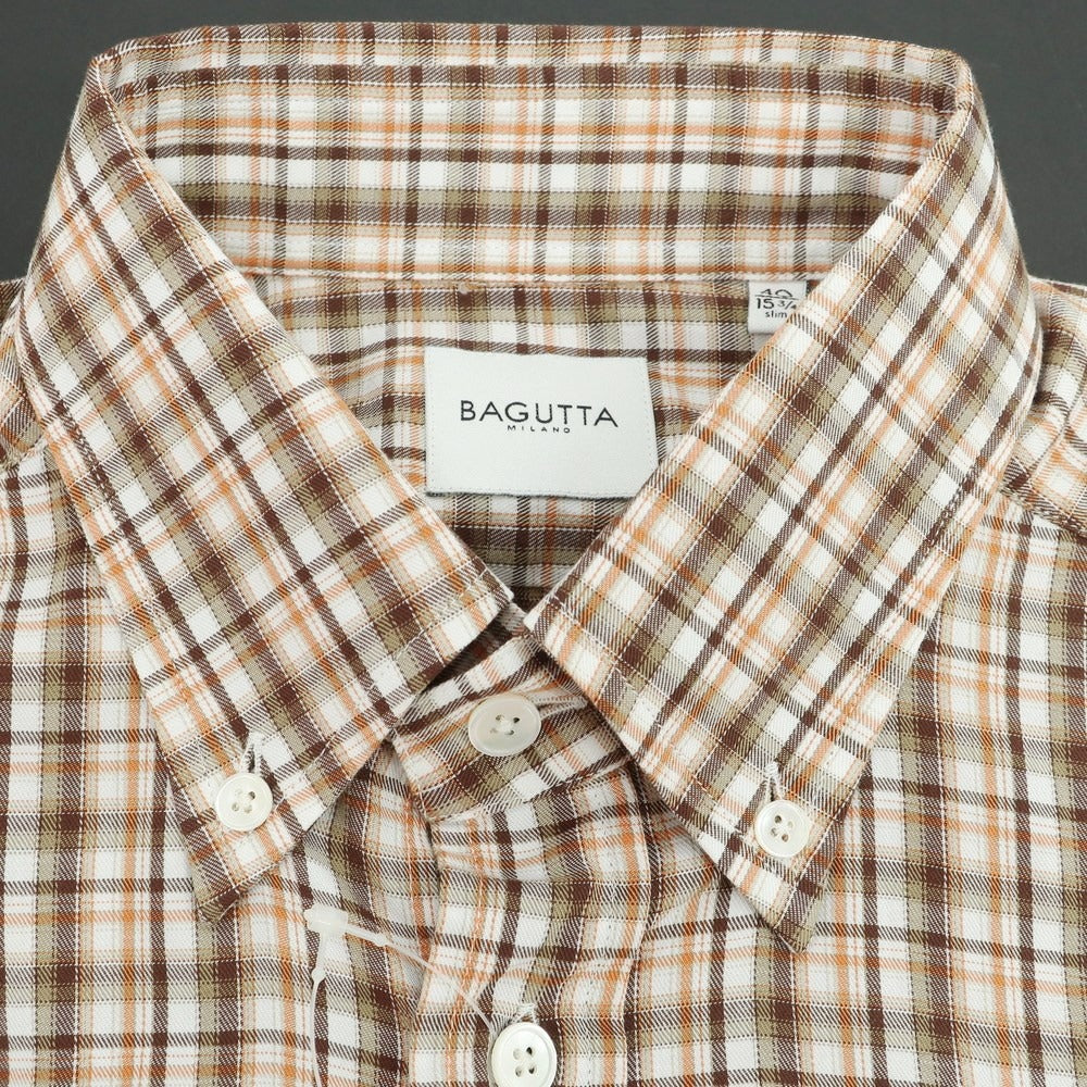 【新品】バグッタ Bagutta コットン チェック ボタンダウン カジュアルシャツ ホワイトxブラウン【 40 】【 状態ランクN 】【 メンズ 】