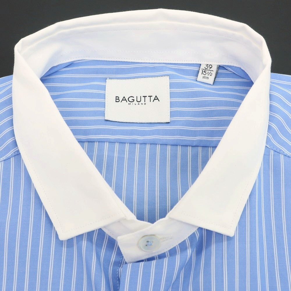 【新品アウトレット】バグッタ Bagutta コットン ストライプ クレリック ショートカラー カジュアルシャツ ライトブルーxホワイト【 39 】【 状態ランクN- 】【 メンズ 】