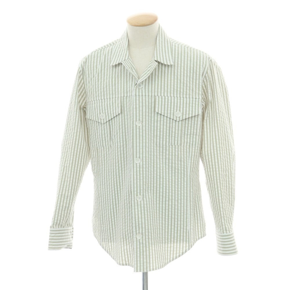 【新品アウトレット】バグッタ Bagutta LIAM ストレッチ コットン シアサッカー ストライプ オープンカラー シャツブルゾン ホワイトxライトオリーブ【 S 】【 状態ランクN- 】【 メンズ 】