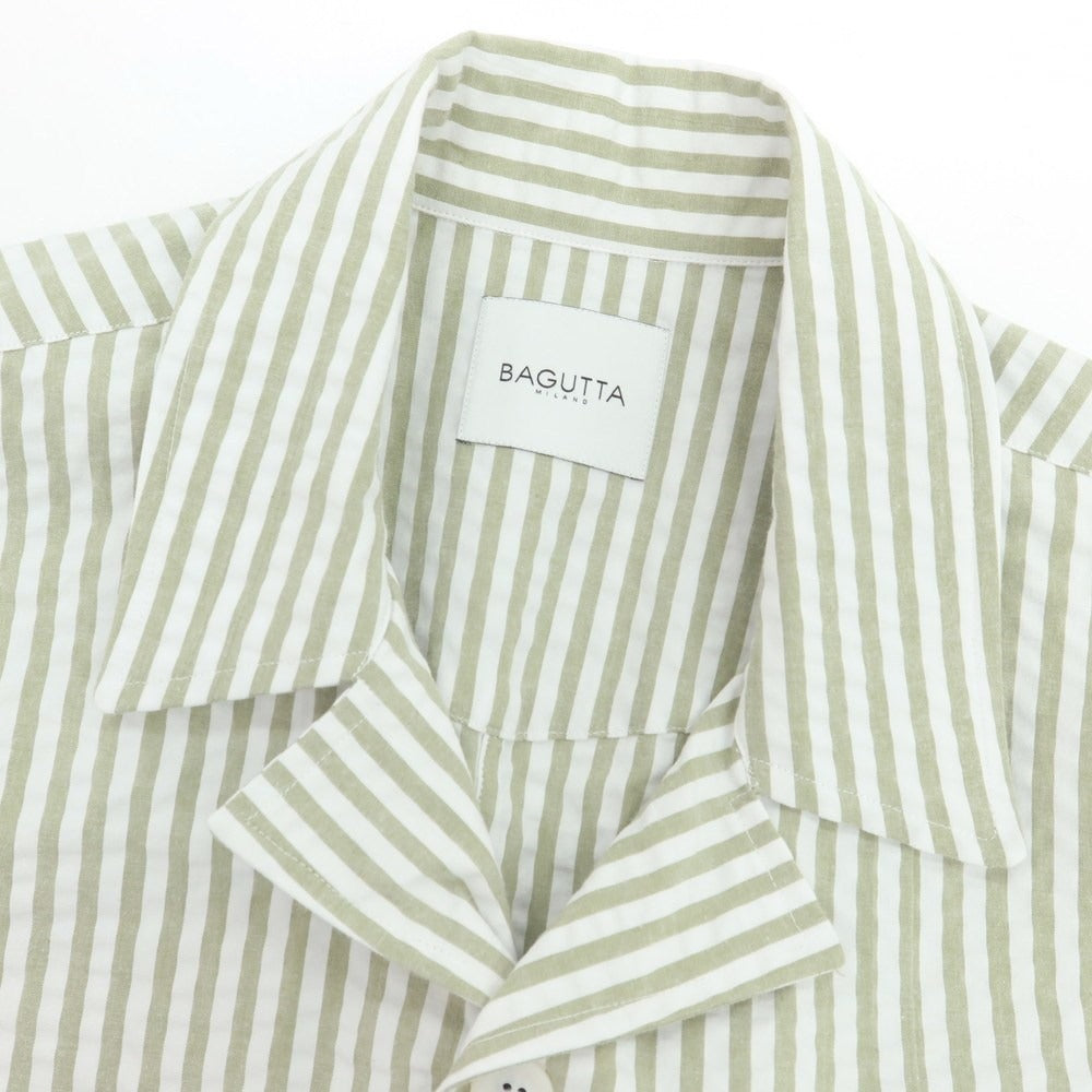 【新品アウトレット】バグッタ Bagutta LIAM ストレッチ コットン シアサッカー ストライプ オープンカラー シャツブルゾン ホワイトxライトオリーブ【 S 】【 状態ランクN- 】【 メンズ 】