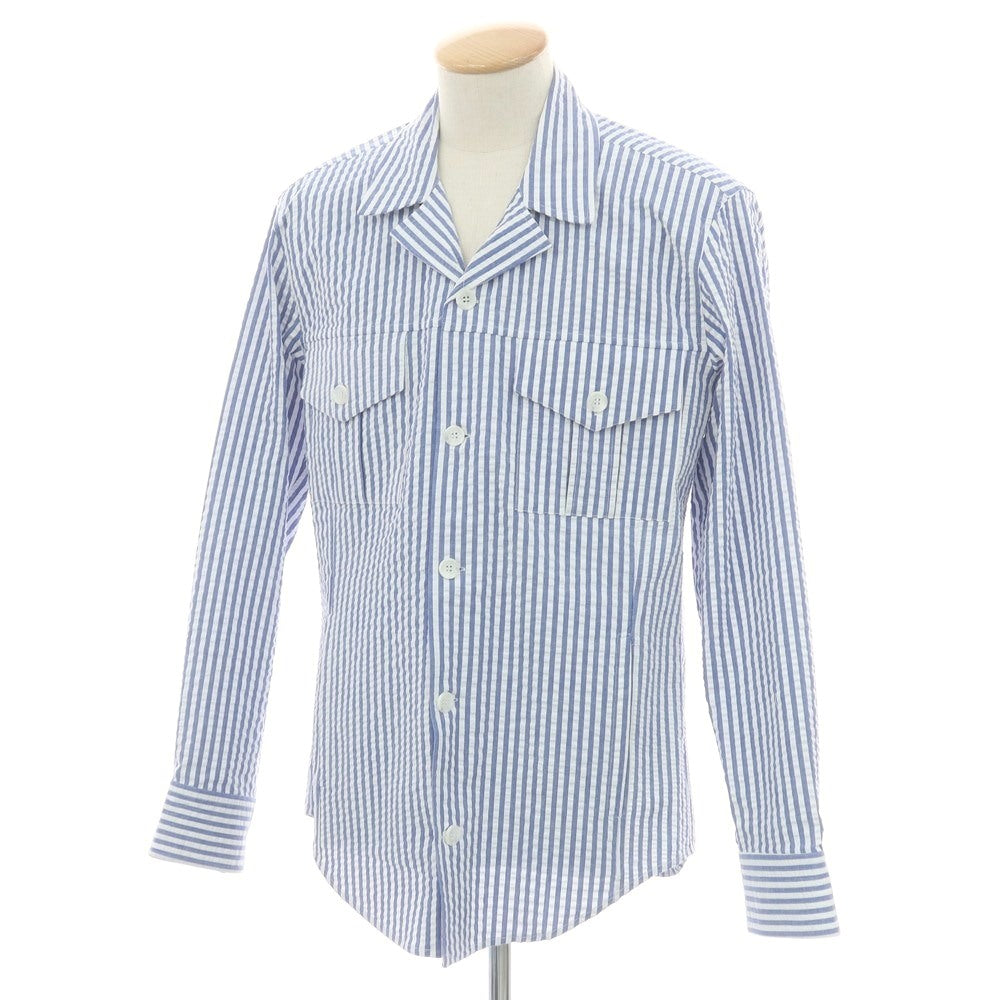 【新品】バグッタ Bagutta LIAM ストレッチ コットン シアサッカー ストライプ オープンカラー シャツブルゾン ホワイトxブルー【 S 】【 状態ランクN 】【 メンズ 】