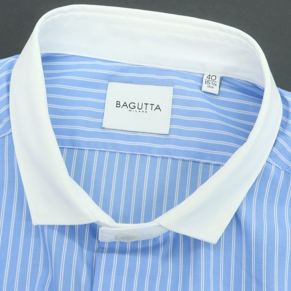 【新品】バグッタ Bagutta LEOPOLDA コットン ストライプ クレリック ショートカラー カジュアルシャツ ブルーxホワイト【 40 】【 状態ランクN 】【 メンズ 】